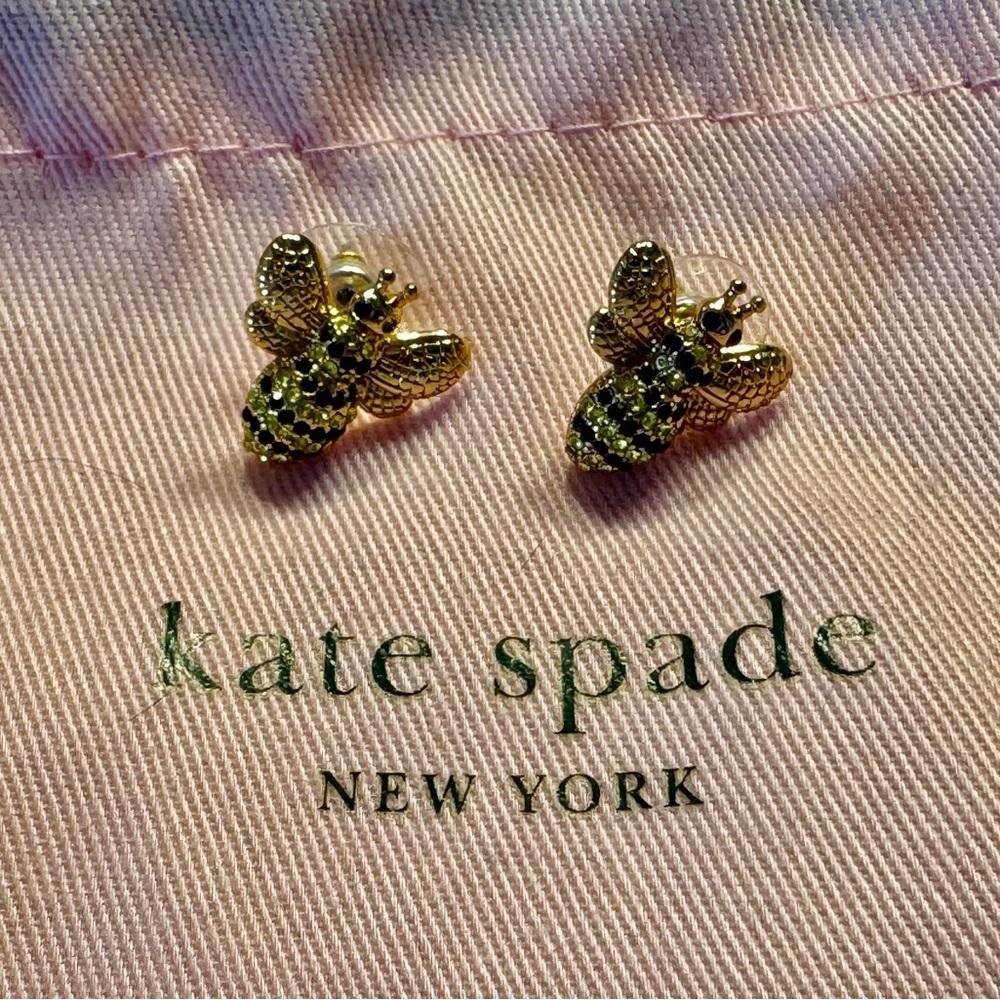 Kate Spade Gold Enameled Bee Post Earrings with Crystals